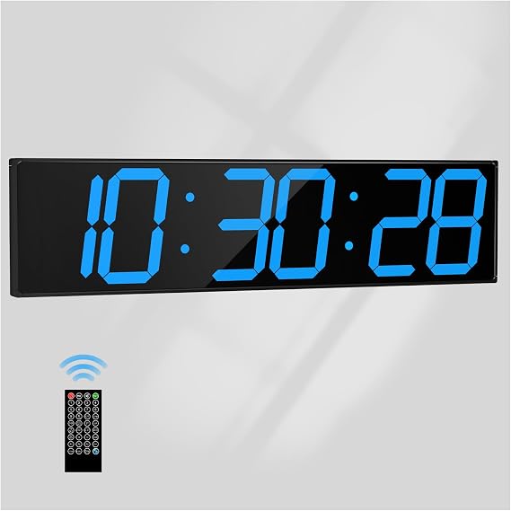 CHKOSDA Digital Wall Clock with Large Display, 28.4LED 6-Digit Large Clock with Adjustable Brightness, Multifunction Digital Timer with Countdown and Stopwatch (Blue)
