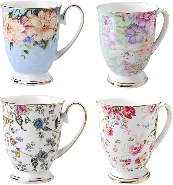 4 Piece Floral Bone China Mug Set - Wide Tea Coffee and Hot Chocolate Cups - 11 oz / 312ml