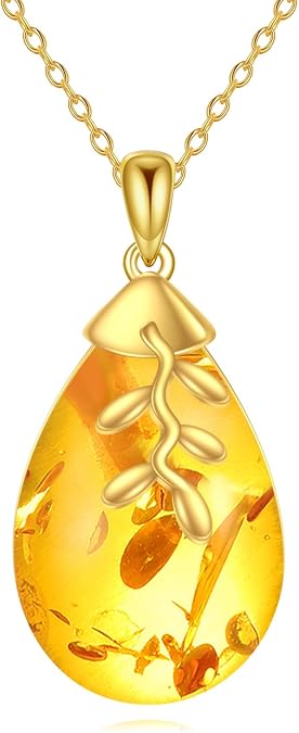POPLYKE Amber Leaf Necklaces for Women Gold Plated 925 Sterling Silver Amber Jewelry Gifts for Her 18+2 IN