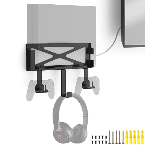 PS4 Original Console Wall Mount Bracket Kit(Old Model) |  with detachable dual controller holders and headphone hanger, mount near or behind TV