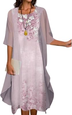 LOAIHA Two-Piece Set Maxi Dress for Womens Chiffon Cardigan Wedding Guest Floral Print Midi Dresses