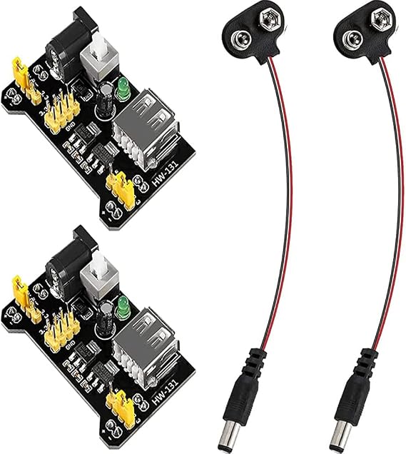 4PCS 3.3V 5V MB102 Breadboard Power Supply Module, with 9V Battery Clip Power Cable 2.1x 5.5mm Male DC Jack Plug DC 6.5-12V USB for Arduino.