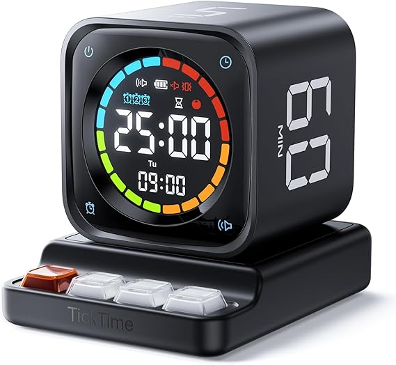 Ticktime TK3 Pomodoro Timer Cube for Focus, Study, Work, Task, ADHD,Kitchen | Real Pomodoro Timer, Quick Flip 5/10/30/60 min Countdown, Custom Timer & Stopwatch, Clear Display, 3 Reminder Options,Clock