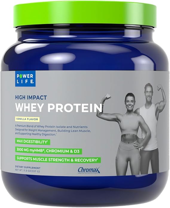 POWERLIFE High Impact Grass Fed Whey Protein with 3000 MG of HMB, No Sugar Added, Non-GMO, Hormone and Antibiotic Free, 15 Servings (Vanilla)