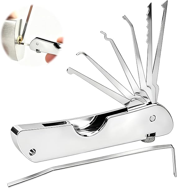 7-in-1 Lock Picking Kit – Stainless Steel Folding Lock Pick Set with Single Hook Picks, Portable Lock Picking Tools for Practice & Emergency Use, Quick Opener Locksmith Tools for Beginners