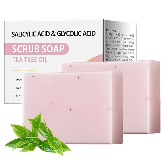 Salicylic Acid Scrub Soap, Face Bath Soap Bar with Glycolic Acid Tea Tree, Exfoliating Face Body Wash for Women & Men Anti-blemish Acne Strawberry Legs Ingrown Hair Keratosis Pilaris 200g/7OZ