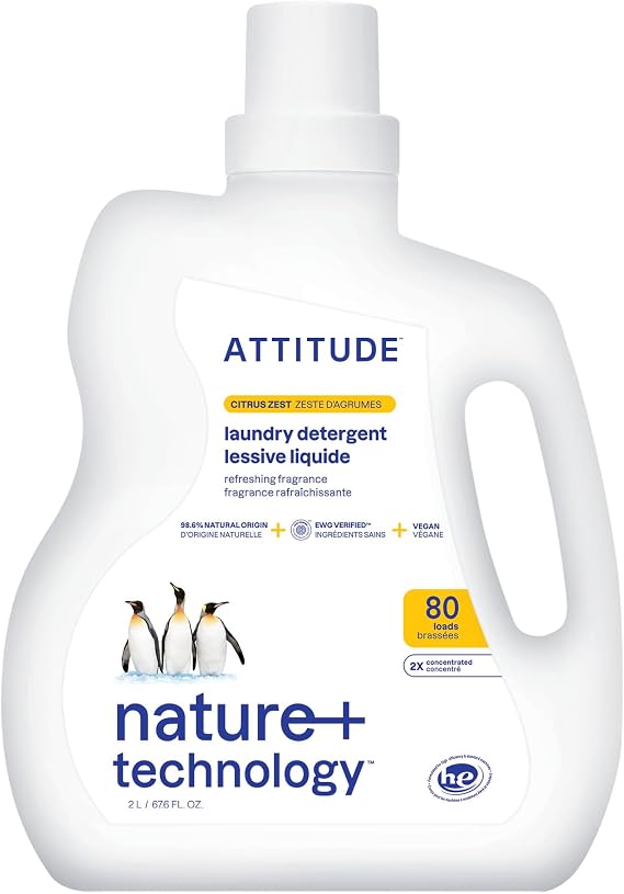 ATTITUDE Liquid Laundry Detergent, EWG Verified, HE Compatible, Plant-Based & Vegan, Natural Laundry Soap, Citrus Zest Scent, 80 Loads, 2 Liters
