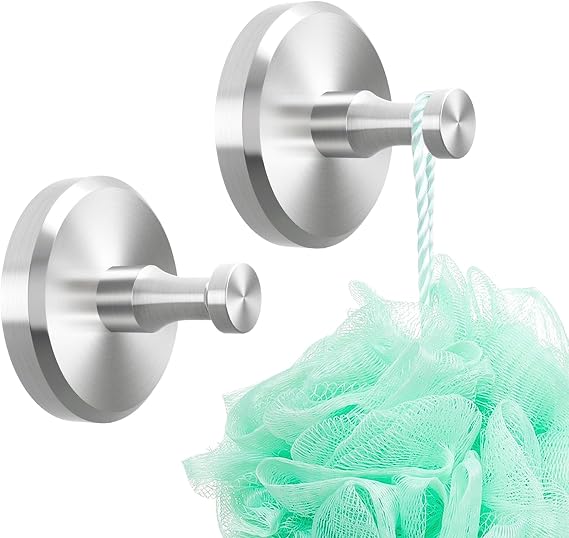 Suction Cup Hooks, Vacuum Shower Hooks for Hanging Towel, Stainless Steel No-Drill Heavy Duty Suction Towel Holder for Window, Glass Doors, Bathroom, Kitchen, 2 Pack (Brushed Silver)