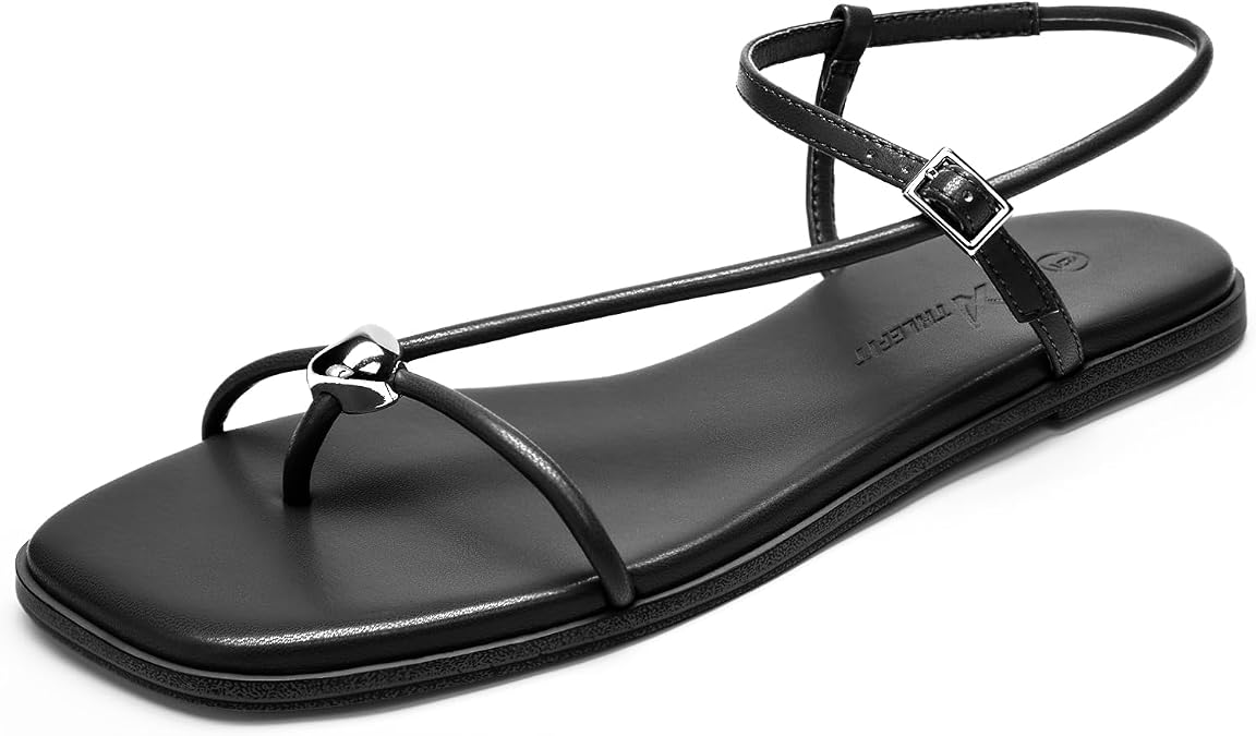 Athlefit Strappy Flat Sandals for Women Square Open Toe Comfortable Ankle Strap Beach Thong Flip Flop Sandals