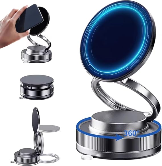 360-Degree Magnetic Phone Mount, Black, Adjustable Car Dashboard Phone Holder with Strong Base