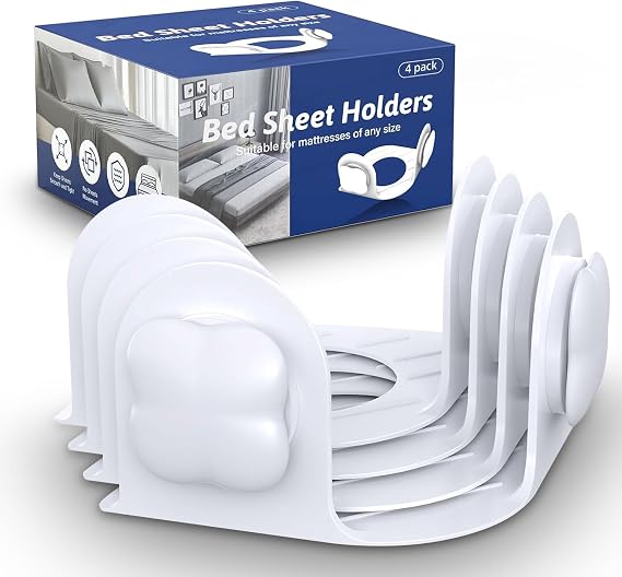Bed Sheet Holders for Corners: Fitted Bed Sheet Grippers with Twist-Lock Clips Keep Sheets Tight Heavy-Duty Grip Quick All Mattresses Easy Installation 4 Pack White