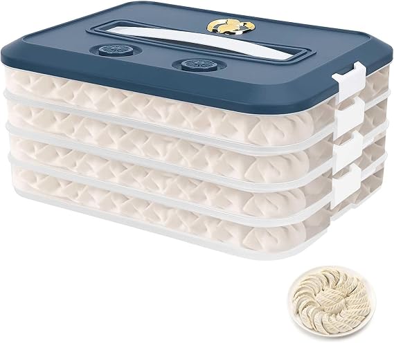 4-Layer Dumpling Box Stackable 30.5 x 23 x 15 cm Dumpling Storage Box with Lid and Handle Food Storage Boxes for Fridge with Time Recording Crispbread Box (Blue)
