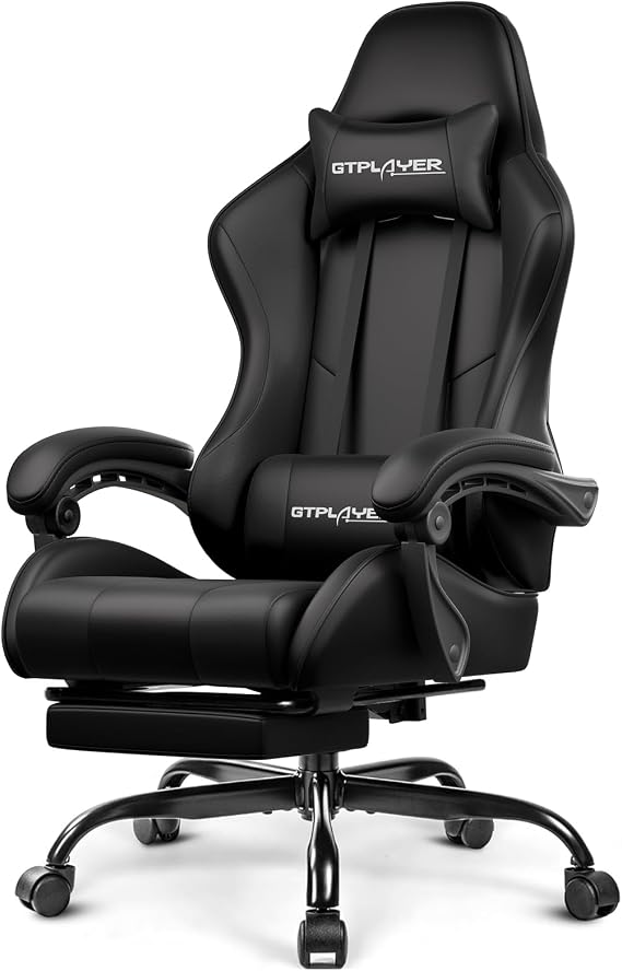 GTPLAYER Gaming Chair, Computer Chair with Footrest and Lumbar Support, Height Adjustable Game Chair with 360-Swivel Seat and Headrest and for Office or Gaming (Faux Leather, Black)