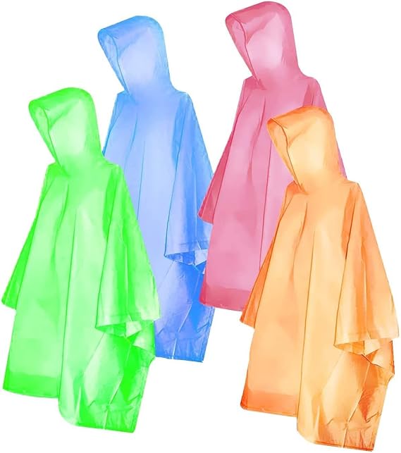 Ponchos for Adults, Disposable Rain Ponchos Multi-Colored Raincoat for Camping Hiking Traveling Backpacking, 4 Pack
