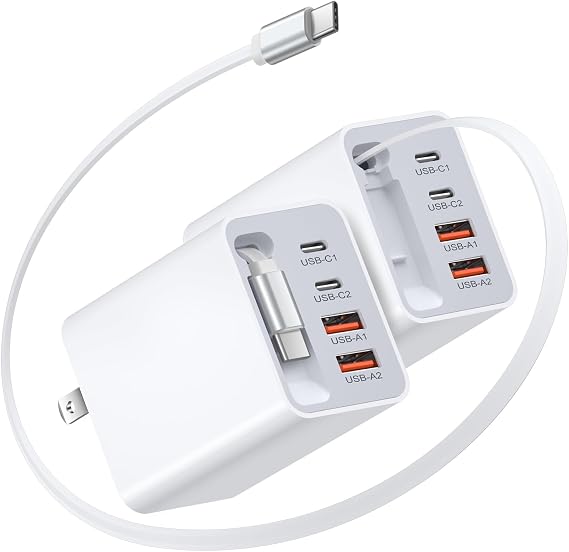 40W Retractable Charger, Costyle 5-in-1 Dual USB-A & USB-C Phone Charger Multi Ports Fast Charging Block with Retractable Type C Cable Wall Plug for iPhone 17 16 15 Series Pad