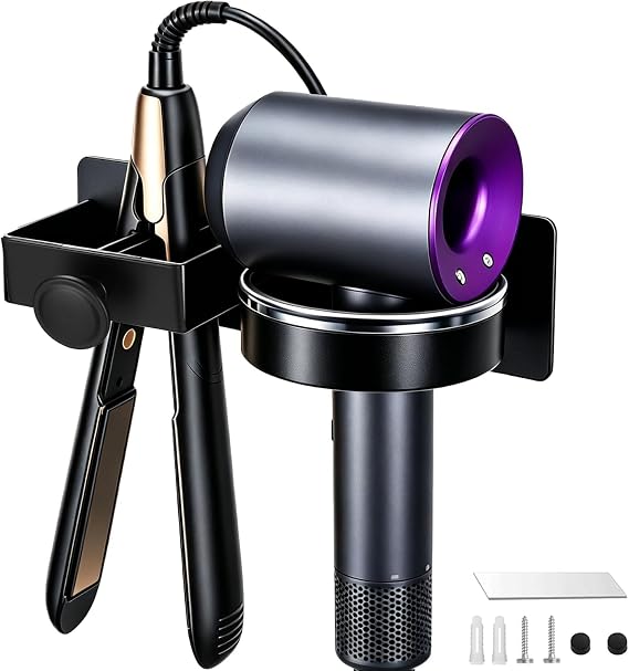 CHAMSUREUK Hair Dryer & Straightener Holder, Hairdryer Holder Wall Mounted | Shelf Bracket Stand Hanger Organizer Blow Storage With Cable Tidy Rack For Dressing Bathroom Barber Shops