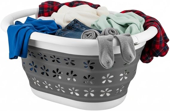 Dashmash Collapsible Oval Laundry Basket, Grey Foldable Storage Container/Organiser Washing Tub Pop Up Laundry Hamper, Portable & Space Saving, 16 Litre