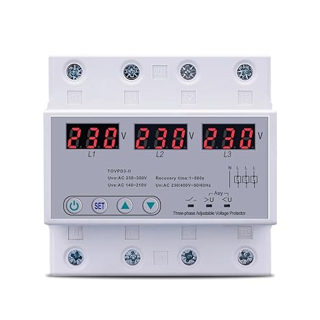 Three Phase Adjustable Over and Under Voltage Protector 3 Phase Automatic Recovery Protective Device Reset 63A 380V 1Pcs