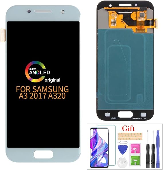 Compatible with Samsung Galaxy A3 2017 A320 AMOLED LCD Display Screen Replacement,for A3 2017 A320 A320F A320M A320Y Display LCD Panel Repair Parts Kit,with Tempered Glass+Tools (Light Blue .)