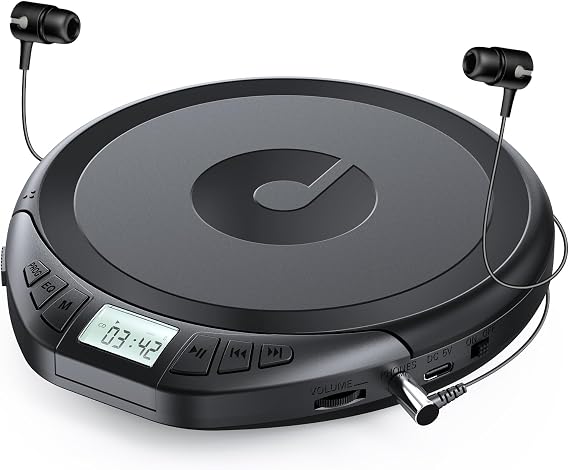 Gueray CD Player Portable with LCD Display & Earphones Black | Portable CD Players for Car with Anti-Skip Shockproof Support PROG Memory Function Repeat Playback Sound Effet