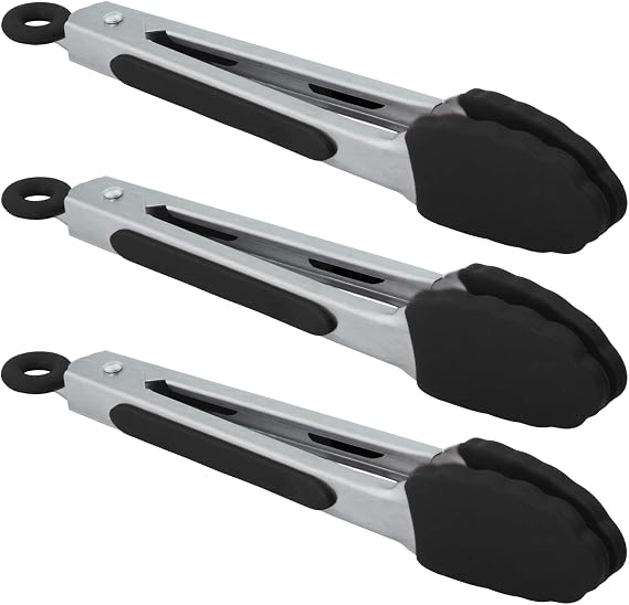 HINMAY Small Serving Tongs with Silicone Tips 7 Inch Mini Stainless Steel Food Tongs, Set of 3 (Black)