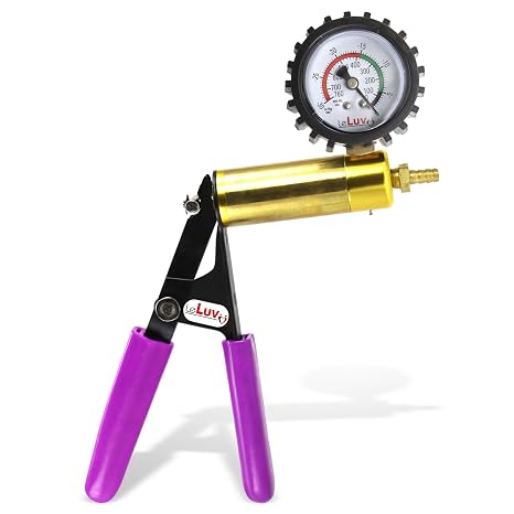 LeLuv Ultima Vacuum Pump Handle - Gauge Installed with Protective Rubber Cover - Brass Chamber with Purple Padded Rubber Grips