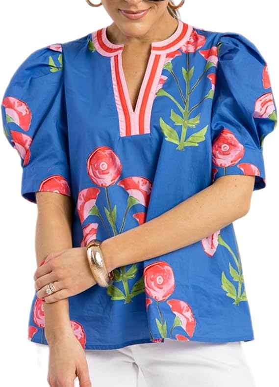 Y2k Women Boho Floral Blouse Puff Short Sleeve V Neck Vintage Flower Print Patchwork Shirt Going Out Tops