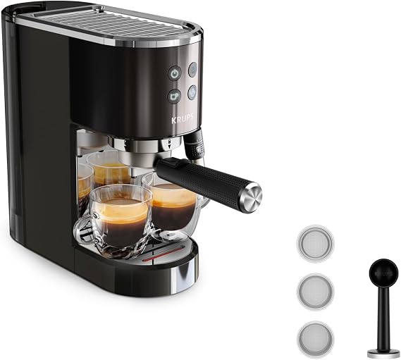 Krups Virtuoso+ XP444G Espresso Filter Machine 15 Bar Pump Pressure 3 Crema Filters Stainless Steel Steam Nozzle Intuitive Control Panel Rotary Control Includes Dosing Spoon and Tamper Black/Stainless Steel