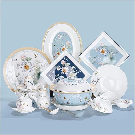 Dinnerware Set Dinner Party Tableware Service Set 40pieces Chinese Style Bone China Tableware Set for 8, Dinnerware Set with Bowl Soup Plates Salad Plates High Bowls Toot,