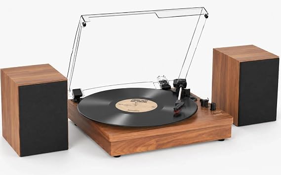 Retrolife Record Player with 2 External Speakers, Vinyl Turntable, Brown | 3-Speed Belt-Drive Turntable for 33/45/78 RPM Vinyl, Bluetooth Wireless Playback, Auto Stop, AUX Headphone Input and RCA Out