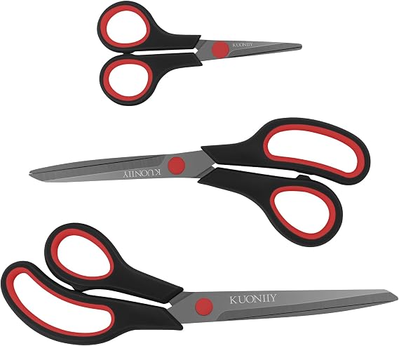 KUONIIY Scissors Ultra Sharp Titanium Coating Blades Soft Comfort-Grip Handles Multi-Purpose Scissors, Set of 3, BlackRed