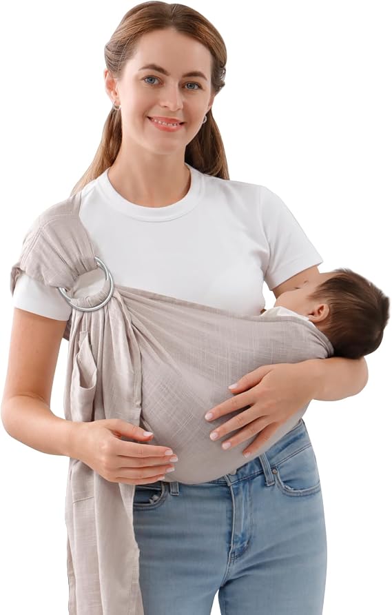Baby Sling Carrier for Newborn to Toddlers, Adjustable Breathable Muslin Double Ring Sling Wraps, Sling Holder Carrier Scarf, Ideal Baby Gift for New Parents (Grey)