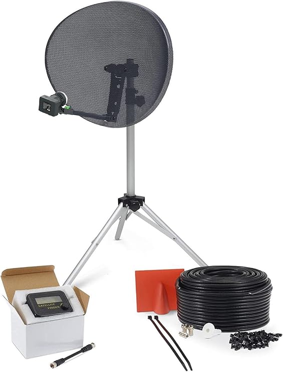 SSL Satellites Portable Satellite Zone 2 80cm RV Dish Kit Camping Tailgating with Quad Tripod & Sat Finder 10M RG6 Black