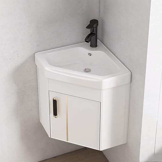 Small Corner Wall Mount Bathroom Sink with Tower Hanger White Ceramic Mini Vessel Sink with Overflow Bathroom Vanity Cabinet Wall Mounted Bathroom Sink with Storage Container(17in/43cm)