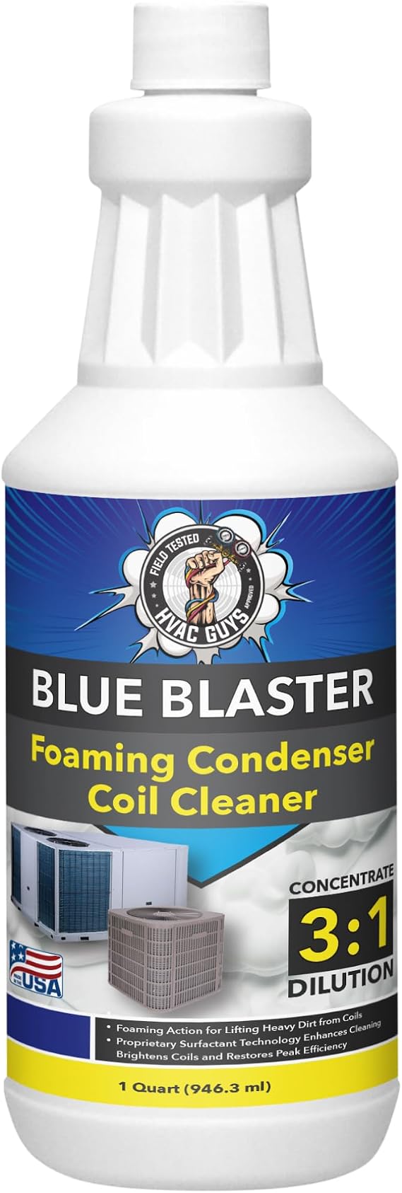 Blue Blaster AC Coil Cleaner Foam - Quart | Extreme Duty Formula for Outdoor AC Condenser Units | 3 to 1 Concentrate Makes 1 Gallon | HVAC Coil Cleaner Lifts Dirt and Grime from the Inside Out