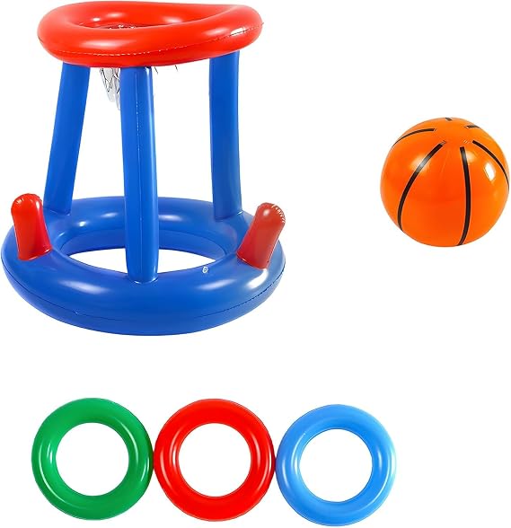 Pool Basketball Hoop Set, Inflatable Pool Games with 1 Basketball and 3 Rings, Swimming Pool Toys for Adults, Fun Water Activities for Beach and Pool Parties