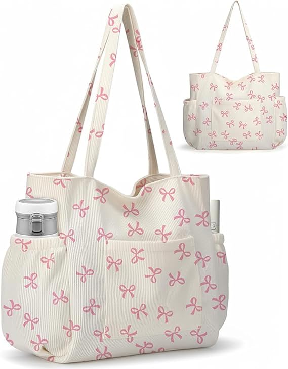 Large Corduroy Tote Bag for Women - Cute Aesthetic Shoulder Reusable Canvas Bags with Zipper Multi-Pocket for School Gym Work Travel - Vintage Floral