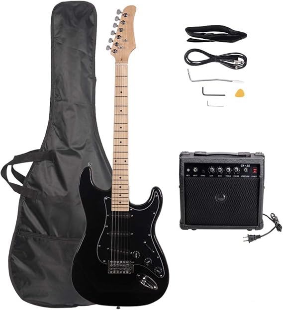 Electric Guitar 39" inch Complete Beginner Starter kit Full Size with 20w Amp,w/Strap,Bag,Guitar Amplifier,Power Wire,Plectrum,Tremolo Bar (Black)