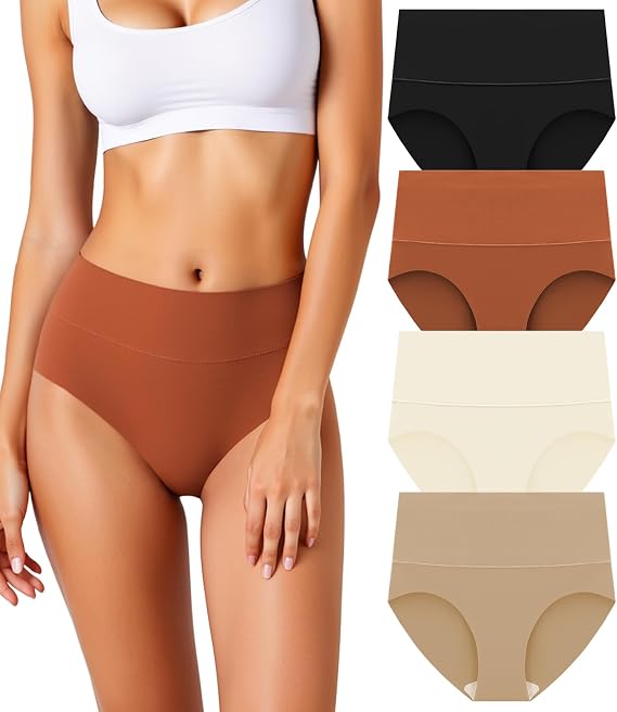 Women's Underwear Full Coverage High Waisted Briefs Stretch Seamless No Show Ladies Panties 4 Pack (US, Alpha, Small, Regular, Regular, Color A)