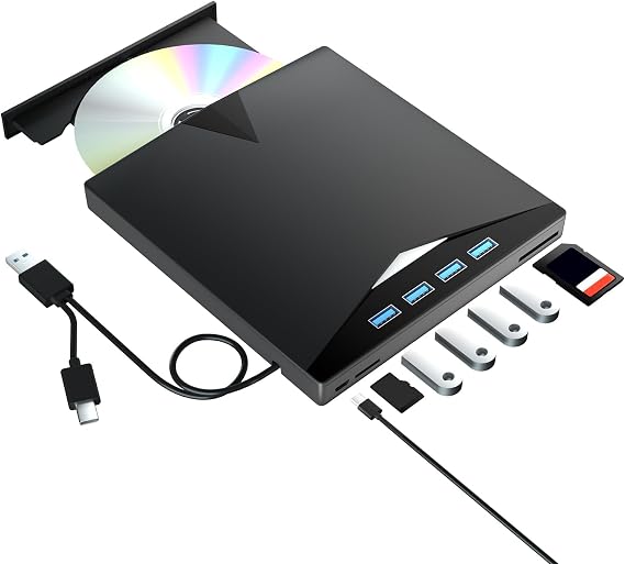 7in1 Harici DVD Sürücü, 4 USB Bağlantı Noktalı ve TF/SD Kart Yuvalı Dizüstü Bilgisayar için Harici DVD Oynatıcı, PC için Taşınabilir CD ROM Harici Sürücü, MacBook Windows 7/8/10/11 Linux Mac OS için
