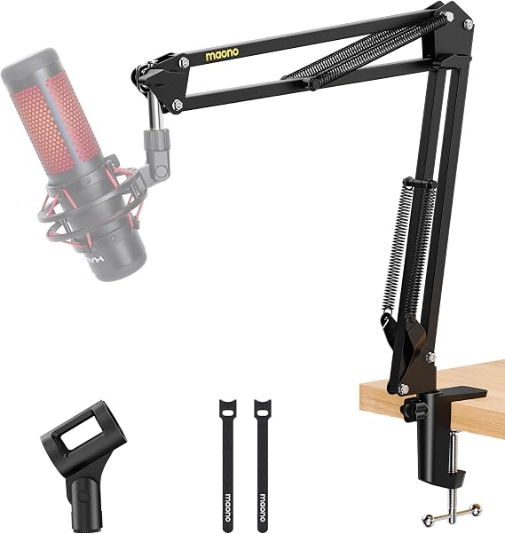 MAONO Boom Arm Microphone Stand: Adjustable Metal Suspension Mic Boom Arm for Podcast Gaming Streaming Recording,with Desk Clamp and 3/8" to 5/8" Screw Adapter-Max Load 1KG BA20 Black | 1kg max load, 3/8 to 5/8 adapter, suspension design, podcast gaming streaming recording, desk clamp, black finish