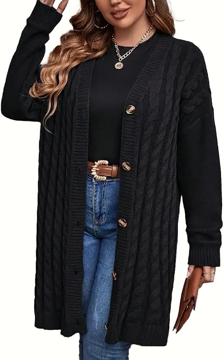 Cable Knit Long Cardigan Sweater, Button Front