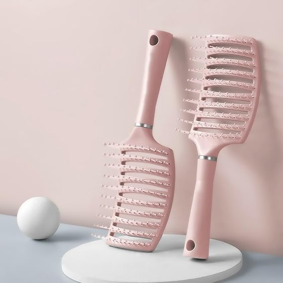 FUTAI Pink Large Curved Airbag Hair Comb Volume Backcombing Tool for Long Curly Hair Anti-Static Detangling Root Lifting Dry Wet Use High Crown Styling