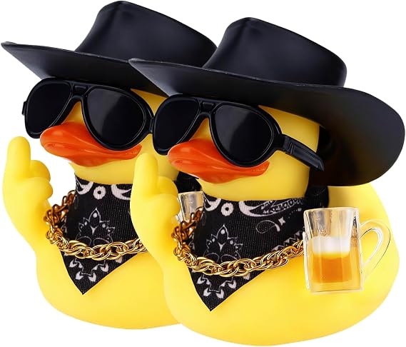 2pcs Premium Rubber Duck Car Ornaments, Yellow Ducky in Western Cowboy Style with Hat & Glasses, Car Dashboard Accessories, Great Office Gifts & Cowboy Gifts