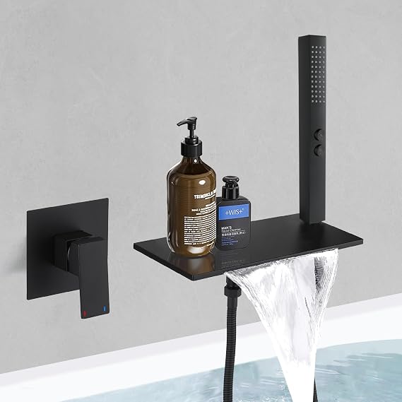 BESy Brass Waterfall Bath Tub Faucet with Handheld Sprayer, Wall Mount Bathtub Faucet Set Modern Tub Filler with Brass 2 In 1 Handheld Showerhead, with cUPC Rough-In Valve, Matte Black