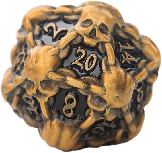 DNDWoW Heavy Metal Gold Skull D20 with Chains - Oversized Goth Skull Dice for Tabletop Role-Playing Games -BKGH9