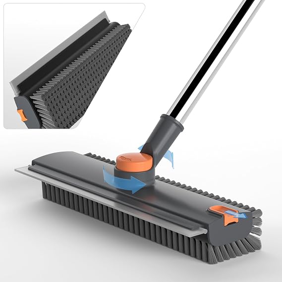 Floor Scrub Brush with Long Handle, 3 in 1 Scrape and Heavy-Duty Stiff Bristle Floor Scrubber Brush Broom with Squeegee and Tweezer for Cleaning Grey