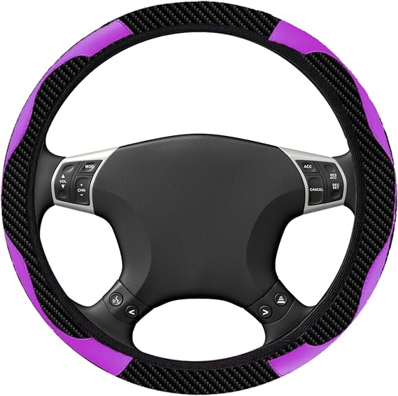 Car Steering Wheel Cover 15 Inch Carbon Fiber Purple Steering Wheel Cover for Men Women, Universal Leather Stitching Anti-Slip Steering Wheel Protector Interior Accessories Decor(Purple)