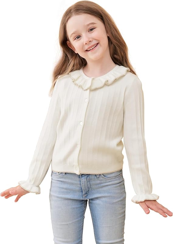 Girls Cardigan Sweet Ruffle Collar Sweater Button Long Sleeve Knit Tops for Girls Outfits