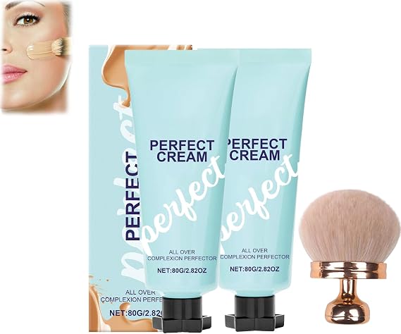 All-Over Complexion Perfector - Cream, Concealing Foundation Perfecting Cream, Moisturizer, Concealer & Coverage, Lightweight and Waterproof Corrector Foundation (2PCS+Brush, 80g)